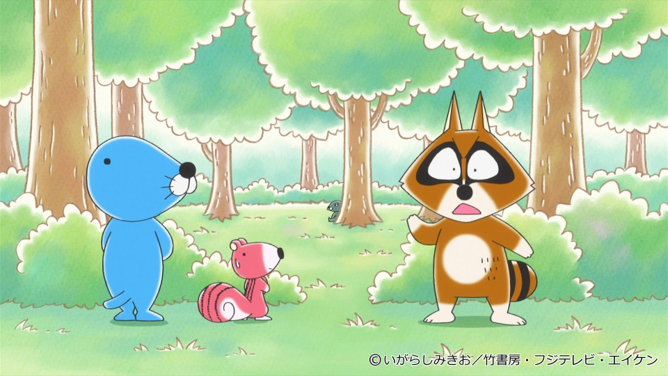 青リンゴポシェットを下げたアライグマさん 今週の #ぼのぼの は？ 頭にタンコブをつけて怒っているアライグマくん