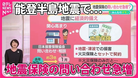 日テレNEWSセレクト 【「地震保険」問い合わせ急増？】能登半島地震で… 全壊で新築なら“2100万円”不足加入率に地域差も【#みんなのギモン】