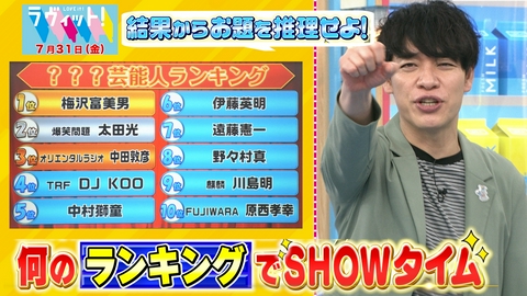 ラヴィット！ 【7/31 後半】結果からお題を推理せよ！何のランキングでSHOWタイム
