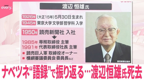 日テレNEWSセレクト 【渡辺恒雄氏死去】ナベツネ“語録”で振り返る… 政界やスポーツ界に影響力