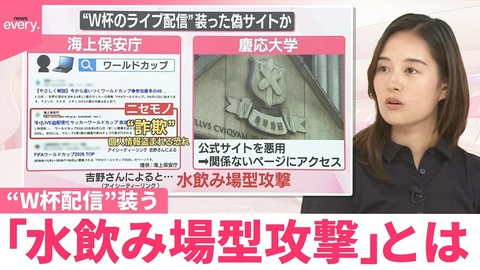 日テレNEWSセレクト 【なるほどッ！】個人情報が盗まれる恐れ “W杯配信”装う｢水飲み場型攻撃｣とは 従来のフィッシング詐欺と違う巧妙さも