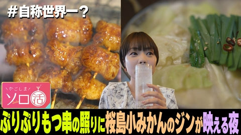 かごしまソロ活 ぷりぷりもつ串の照りに桜島小みかんのジンが映える夜